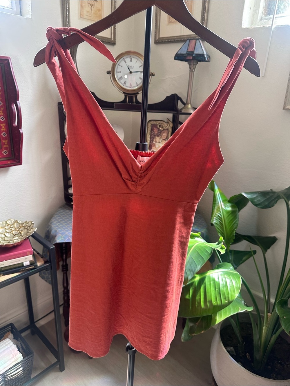 Privacy Please Linen Blend Rust Tie-Shoulder Mini Dress